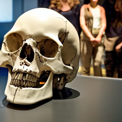 Image similar to Human skull in a museum with robotic tourists looking at it, alien language, science fiction