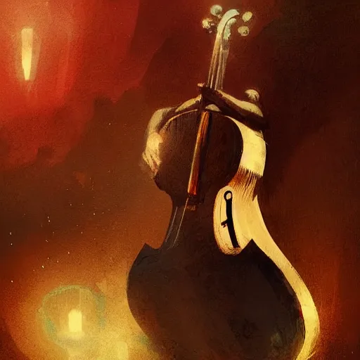 Prompt: eerie composition with electro guitar in cello shape by greg rutkowski
