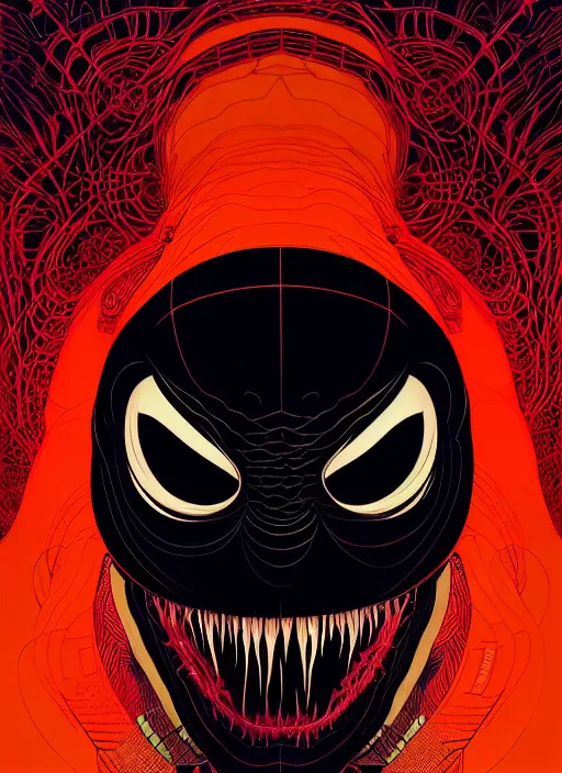 Image similar to symmetry!! stunning portrait of venom!! by victo ngai, kilian eng moody colours, dynamic lighting, full body, horror, digital art, winning award masterpiece, fantastically beautiful, illustration, aesthetically inspired by beksinski and dan mumford, trending on artstation, art by greg rutkowski, 8 k