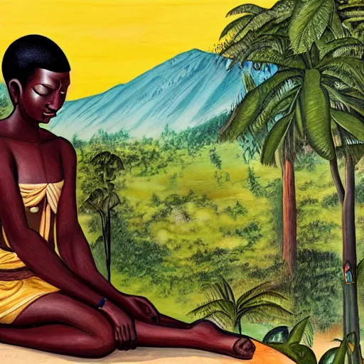 Prompt: contented peaceful congolese!!! bodhisattva, praying meditating, in a scenic environment, detailed, portrait by ernie barnes and gerard sekoto