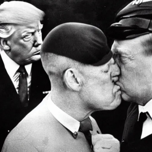 Prompt: still of donald trump kissing adolf hitler siegheil