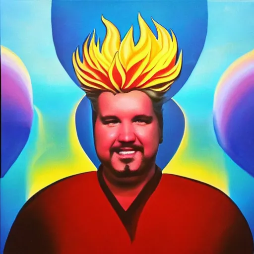 Image similar to 8 0 s new age album cover depicting a mushroom cloud in the shape of guy fieri, very peaceful mood, oil on canvas by georgia o'keefe