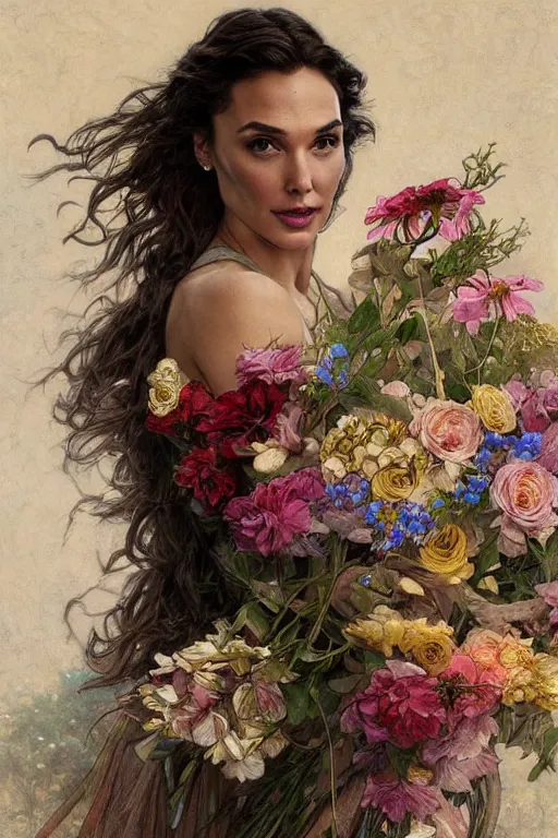 Image similar to portrait of gal gadot as beautiful mysterious woman holding a bouquet of flowing flowers, hands hidden under the bouquet, fantasy, regal, intricate, by stanley artgerm lau, greg rutkowski, thomas kindkade, alphonse mucha, loish, norman rockwell