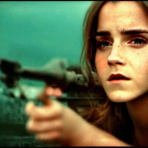 Image similar to film still, close up, emma watson vietnam door gunner, film still from apocalypse now ( 1 9 7 9 ), 2 6 mm, kodak ektachrome, blue tint expired film,