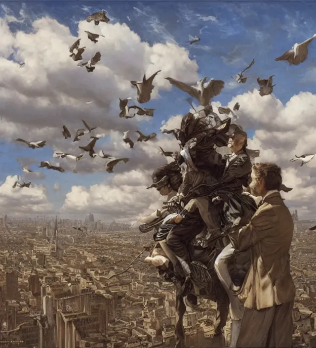 Image similar to cloudy day, three silhouettes riding a giant pigeon in the sky, in the distance, 1 9 7 0 s, intricate, moody, tasteful, intimate, highly detailed, short focus depth, artgerm, donato giancola, joseph christian leyendecker