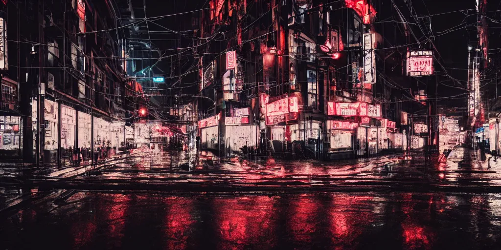 Image similar to a city street at night, raining, photograph, cyberpunk, sharp focus, intricate detail, Desolate, drone shot, high resolution, 8k, neon streetlights, wires hanging down everywhere