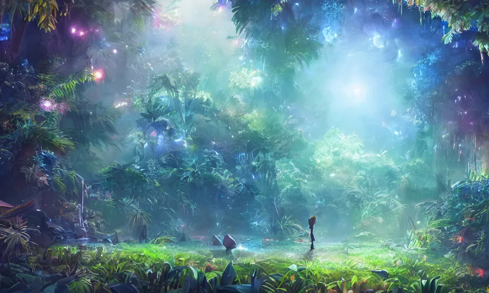 Prompt: a watercolor painting of a glowing sparkling gigantic portal in a mysterious jungle, fantasy, flowery, particles, fireflies, octane render, unreal engine, artstation, digital art