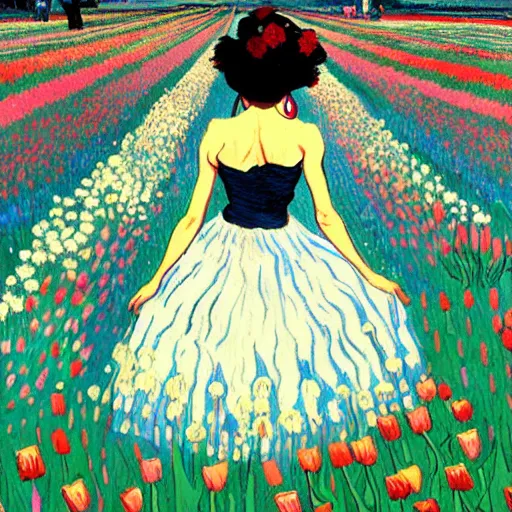 Prompt: beautiful dark skinned mexican woman, dancing in a field of tulips and baby's breath, prominent, rosy cheek bones, black hair and brown eyes, van gogh art style, art by hayao miyazaki, makoto shinkai