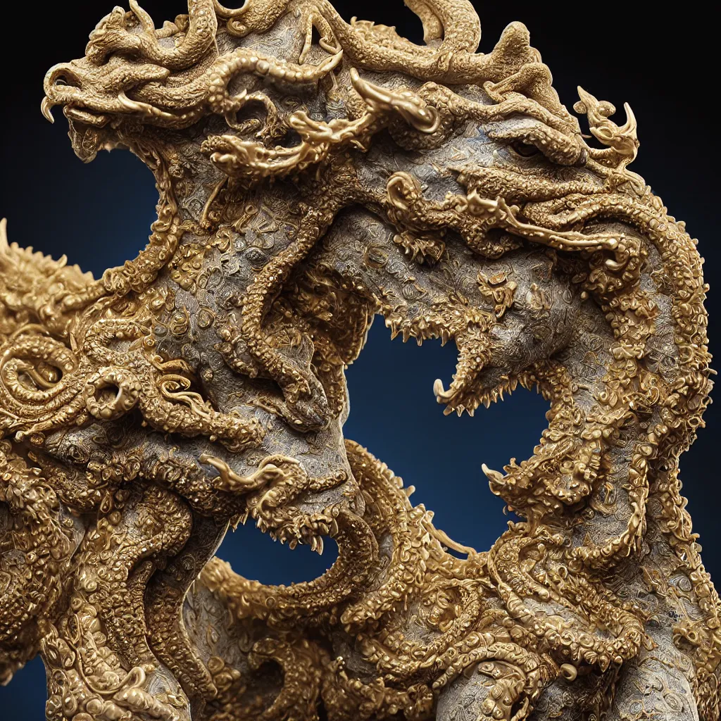 Prompt: a closeup photo - real delicate ceramic porcelain sculpture of an ornate detailed chimera in front of an intricate background by rafael, micro detail, backlit lighting, subsurface scattering, translucent, thin porcelain, octane renderer, black and blue and gold jewelry, physically based rendering, trending on cgsociety