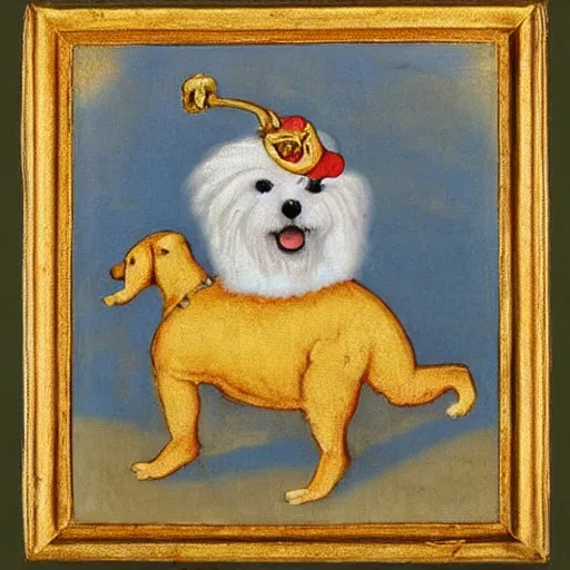 Image similar to bichon frise dog wearing a jester costume and dancing, medieval painting