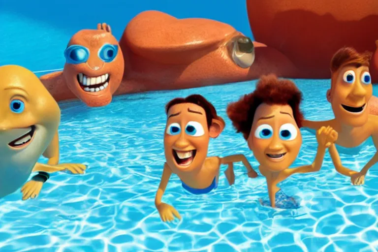 Image similar to photograph of a Pixar character chilling in a swimming pool in Mars with his friends, animation, Pixar style