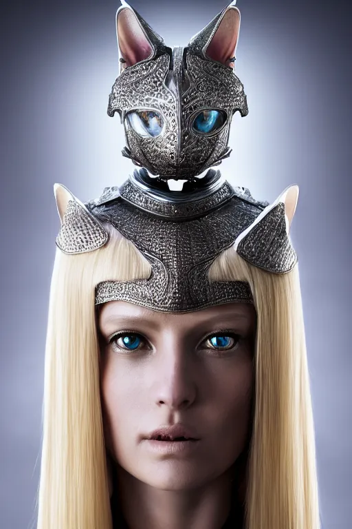 Image similar to female knight wearing a real cat on her head, armor designed by wayne barlowe, swarovski and tiffany, blonde hair, symmetry, sci - fi, cinematic, elegant, luxury, perfect light, perfect composition, dlsr photography, sharp focus, dark fantasy, 8 k, ultra hd, sense of awe, highly detailed, realistic, intricate