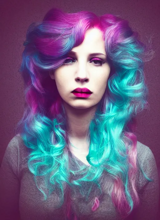Image similar to dramatic photo of a woman with super wavy snake marble hair. moody and melanchonic. with a bit of pink and cyan
