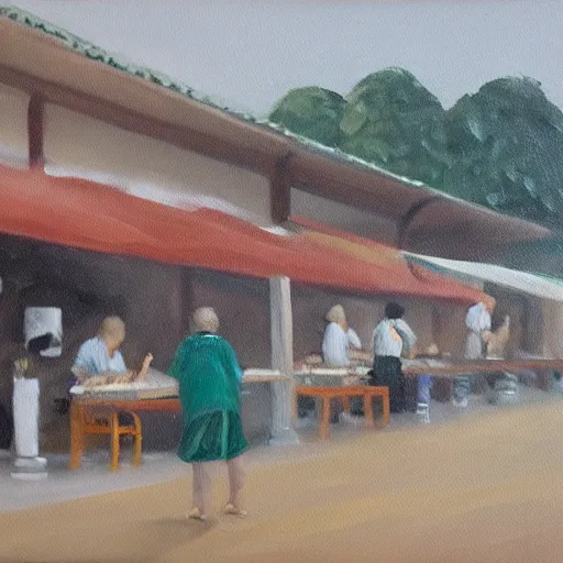 Image similar to an oil painting of a hawker centre
