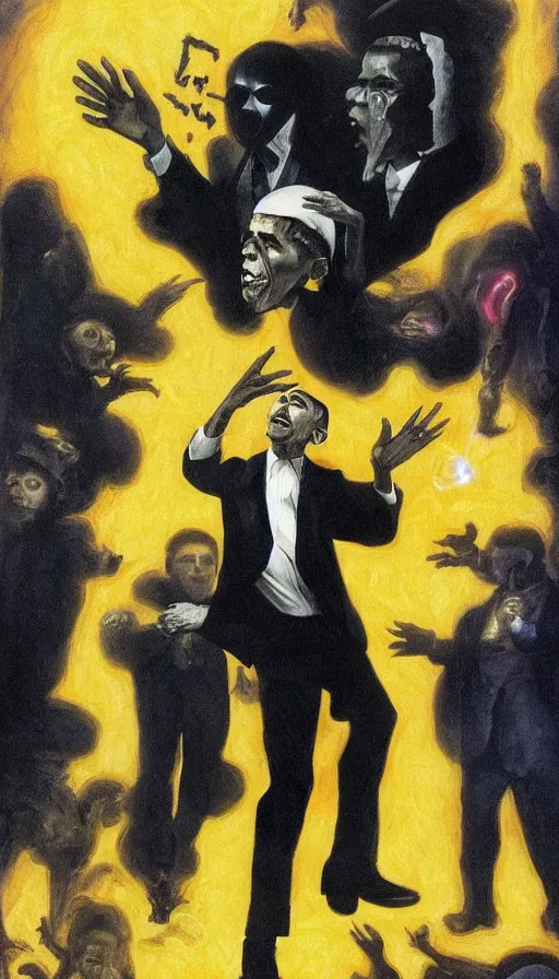 Image similar to obama is the highest ranking member of a highly advanced technological vampire cult, shooting lazer beams, hyperrealistic, surrealcore, lovecraftian, bright colours, 4 k by francisco goya