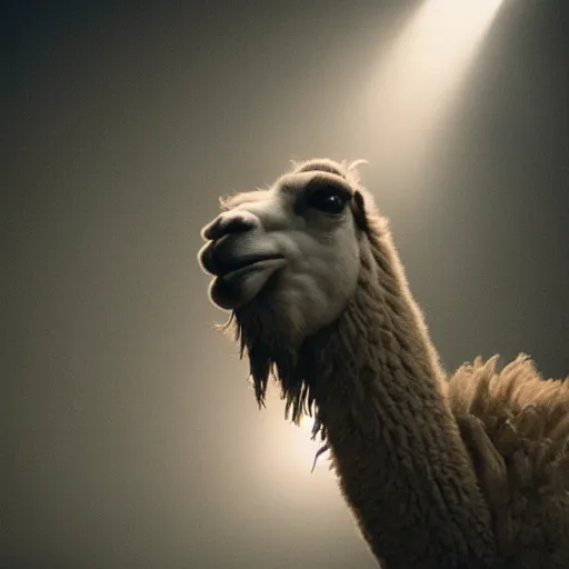 Image similar to film still of a llama dunking a basketball, low angle, extreme long shot, indoors, dramatic backlighting