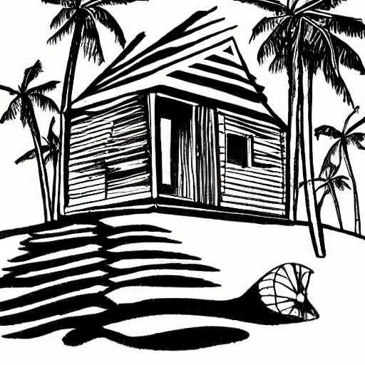 Prompt: imaginative drawing of a beach house, black ink outline, cel - shading