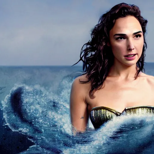 Image similar to Full body photo of the beautiful woman Gal Gadot as a siren, she is swimming, she has a glow coming from her, she is getting illuminated for rays of light that cross the sea, the photo was taking by Annie Leibovitz, matte painting, oil painting, naturalism, 4k, 8k