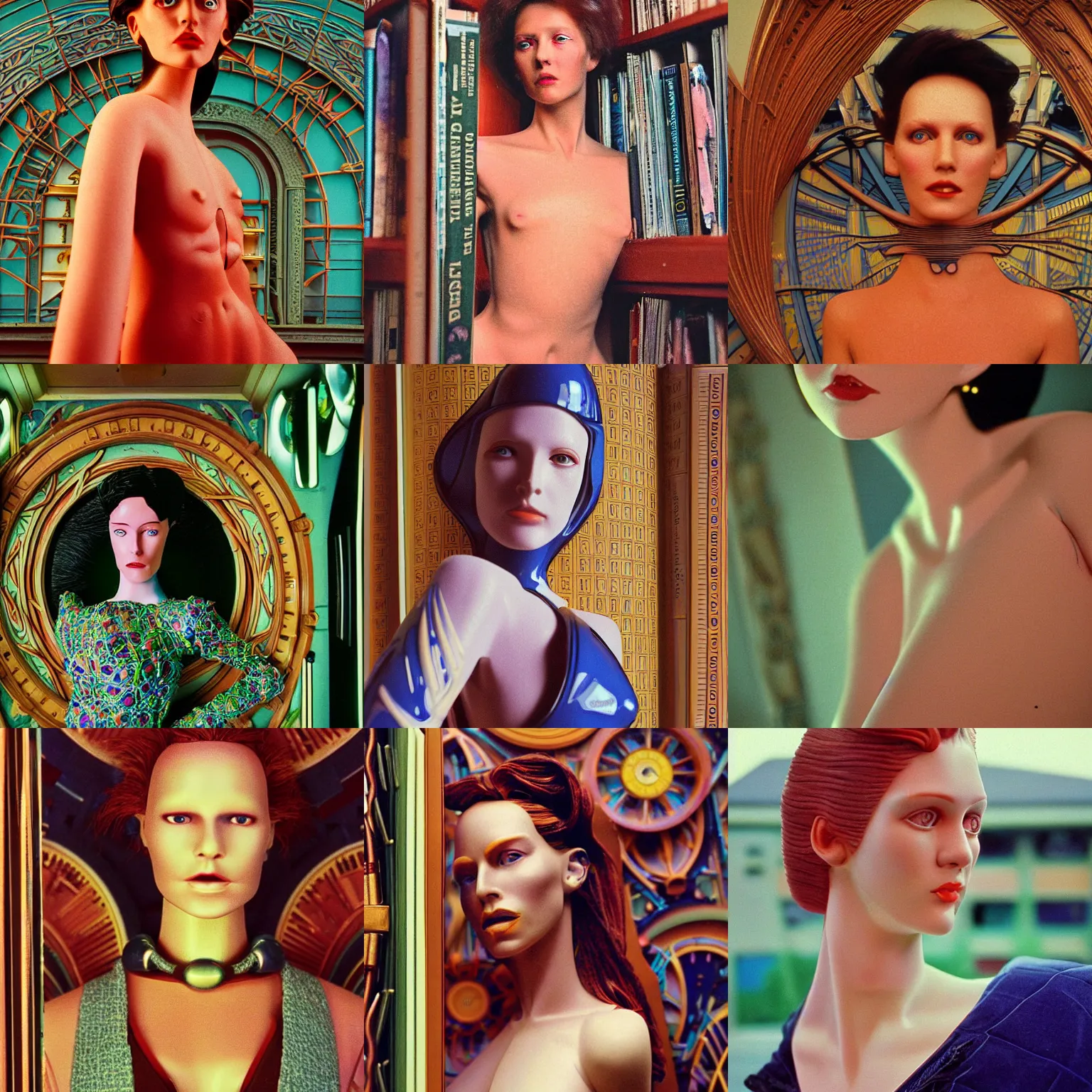 Prompt: Cinestill 800t, 8K, 35mm; beautiful ultra realistic kinetic sculpure (1990) film still scene, 1990s frontiers in human art nouveau fashion magazine September retrofuturism Holy Herndon in wes anderson edition, highly detailed, extreme closeup portrait, tilt shift library background, three point perspective, focus on feminine model;body suit;pursed lips;pointé pose, soft lighting