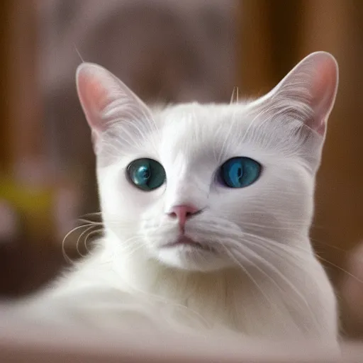 Image similar to white cat big eyes a lot of fur cute highly detailed high - quality photo realistic 8 k