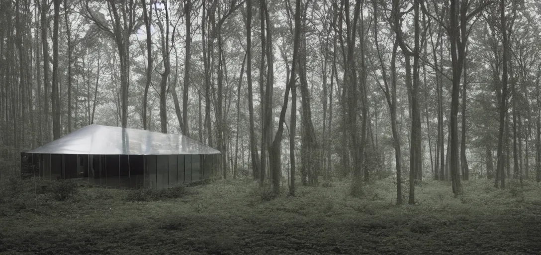 Prompt: interior photo of a crystalline glass house with translucent black mesh tarps, forest in the background, light coming through the window, light box, moody atmosphere by annie lebovitz