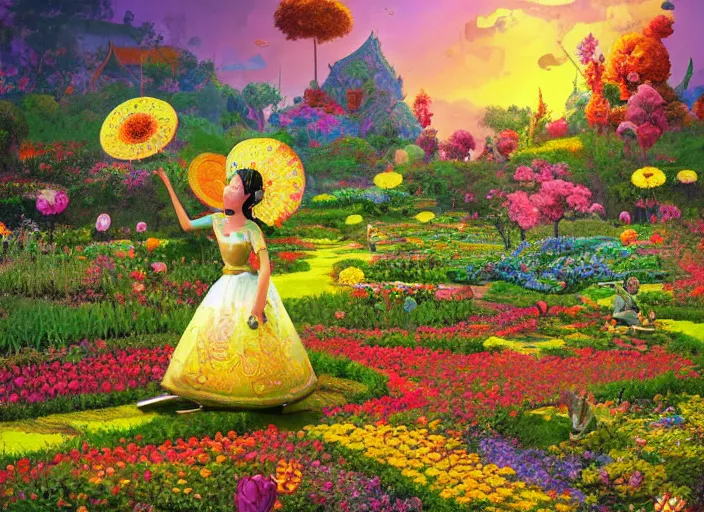 Image similar to summer morning, thai rice princess in a flower garden, rolling mountain, very coherent and colorful high contrast, art by gediminas pranckevicius, geof darrow, dark shadows, hard lighting, flowers garden