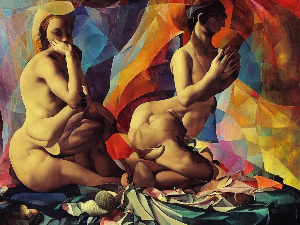 Image similar to hyperrealistic still life painting of a 3d statue sitting down cross legged goddess meditating, wrapped in fabric and gently smiling, nautilus shell surrounded by refracting rainbow prisms in a tesseract, , botanical print, surrealism, vivid colors, serene, golden ratio, sacred geometry, abstract impasto brushtrokes. by Caravaggio