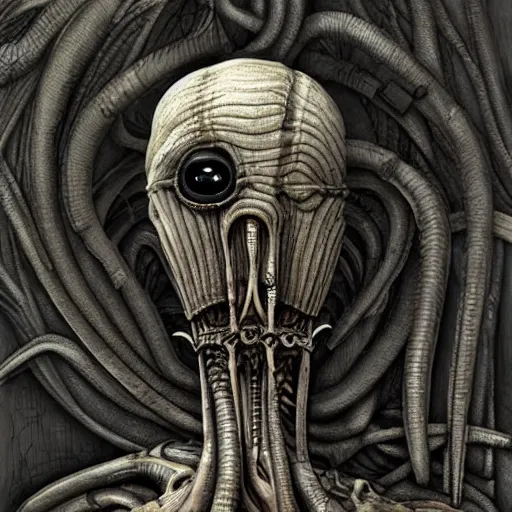 Image similar to biomechanical squidward by ai hr giger, lovecraft, highly detailed, concept art