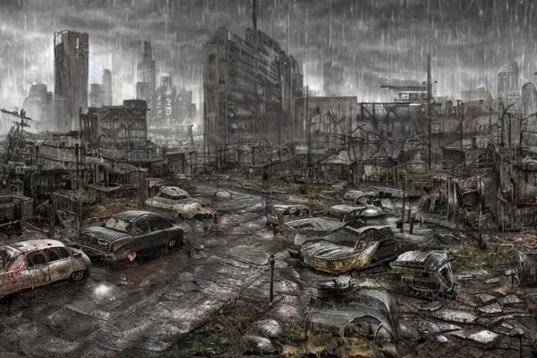 Prompt: rainy!!, ruined city!!, fallout, post apocalyptic, dystopian, futuristic machines