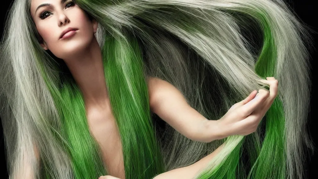 Prompt: beautiful woman playing with her very long green hair