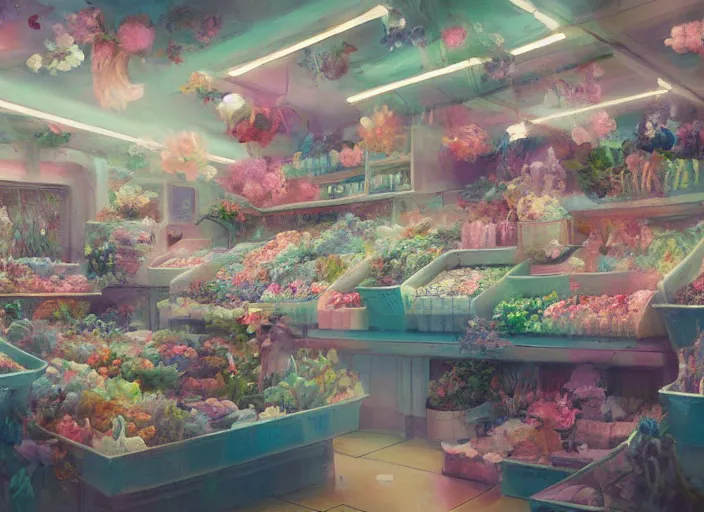 Prompt: bright cheery placid pastel deep cozy moody cluttered painterly fluffy tiny cramped live pet store, aisles of aquariums, slanted ceiling, tiny space, particulate, trending on pixiv