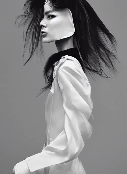 Image similar to a portrait by nick knight and gege akutami of a beautiful girl detailed features wearing a pilot suit wedding dress synthetic materials, jumpsuits chic'techno fashion trend by balenciaga