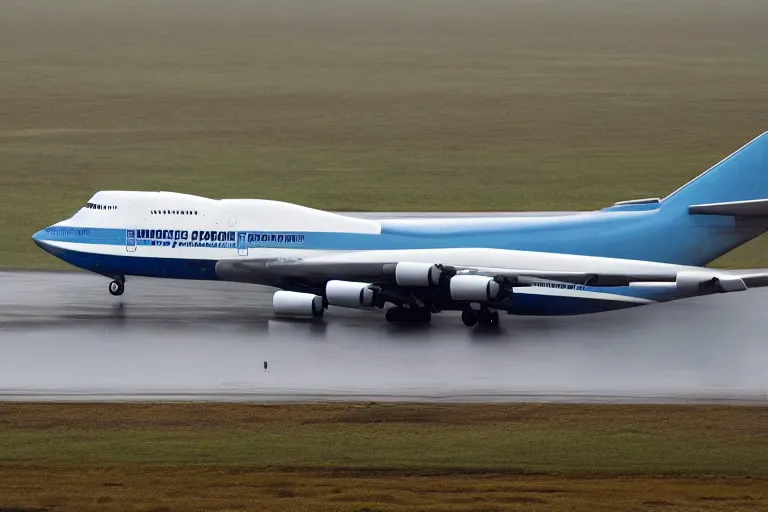 Image similar to detailed photo a boeing 7 4 7 landing at a 4 5 degree angle, on a runway in heavy rain and wind, photo from a spectator, 8 k, natural lighting