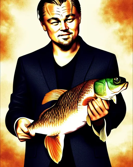 Image similar to photograph of leonardo dicaprio holding a carp in his both hands. movie poster, illustration by bartek fedyczak, erak note, tooth wu, neil richards, kan liu, siwoo kim, jisu choe, trending on art station