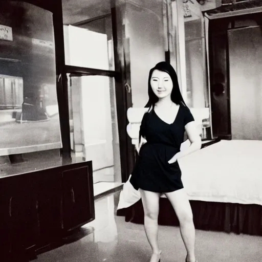 Image similar to photorealistic photo of a chinese canadian girl elisa lam wearing a everyday dress at the cecil hotel in los angeles