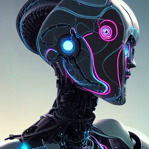 Prompt: profile view of a robot woman, artificial intelligence, sci-fi components, intricate wiring, digital holographic hair, concept art, digital painting, trending on ArtStation