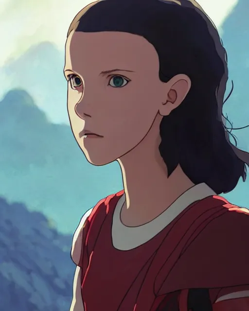 Image similar to millie bobby brown as an azctec warrior, detailed perfect face, exquisite details, fire magic, mid view, design on a white background, by studio muti, greg rutkowski makoto shinkai takashi takeuchi studio ghibli