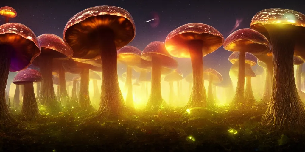 Image similar to giant glowing mushrooms towering over alien forest, at night, ray tracing, refractive, planets in the sky, award winning, trending on artstation, digital art. highly detailed 8 k. intricate. lifelike. soft light. nikon d 8 5 0.