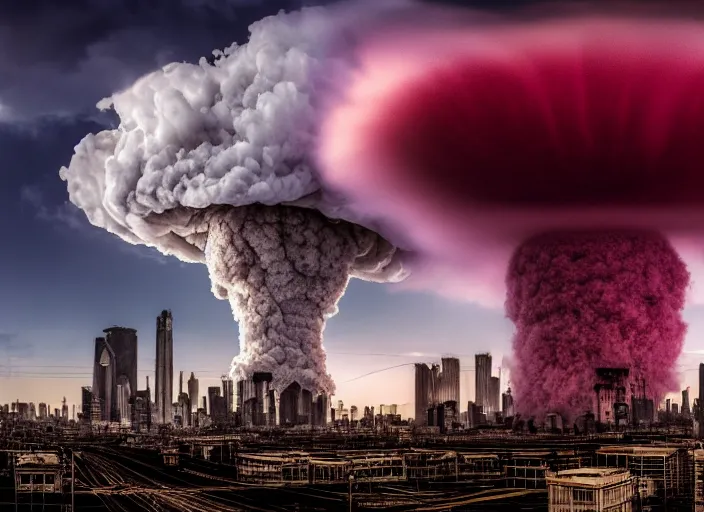 Prompt: nuclear mushroom cloud in the city . Horror dystopia style. Highly detailed 8k. Intricate. Nikon d850 300mm. Award winning photography.