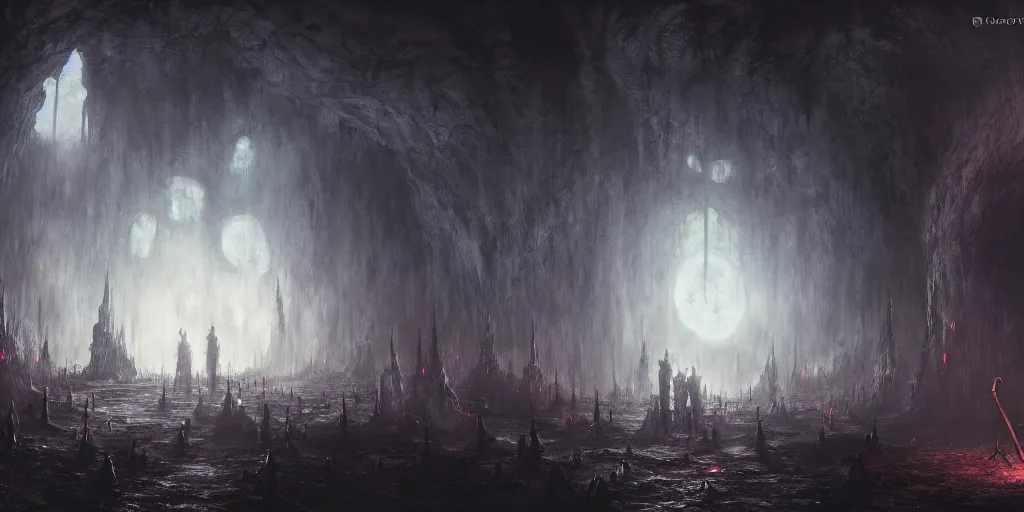 Image similar to inside volumetric cave in the style of bloodborne, dark souls, demon souls, gothic art, dark fantasy, concept art, digital painting, trending on art station, night time, moon light, god rays, highly detailed