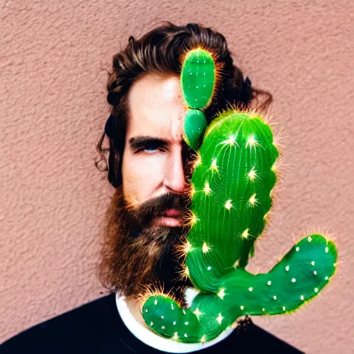 Image similar to cactus grown on man's face instead of beards, 5 0 mm