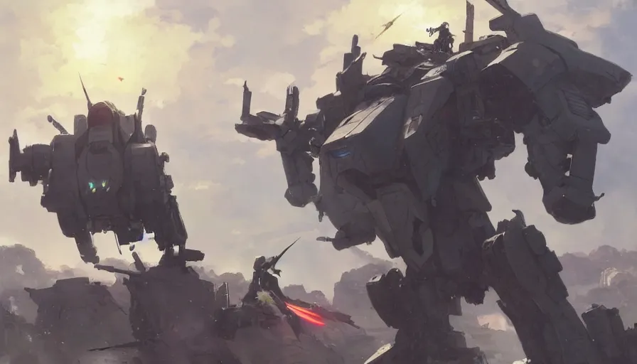 Prompt: mech battle, trending on pixiv fanbox, painted by greg rutkowski makoto shinkai takashi takeuchi studio ghibli