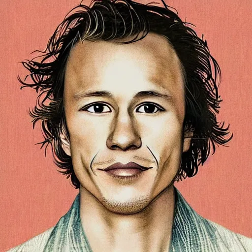 Image similar to “ heath ledger portrait by ikenaga yasunari and ayana otake and ko rakusui, 6 0 s poster, drawing, realistic, sharp focus, japanese, dreamy, nostalgia, faded, golden hues, floral clothes, porcelain skin ”