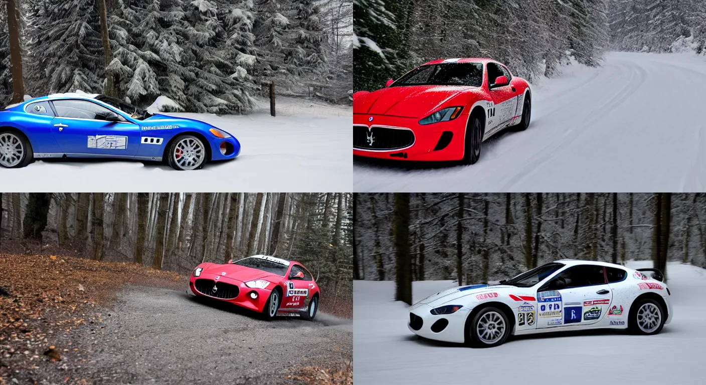 Prompt: a 2 0 1 0 maserati granturismo s, racing through a rally stage in a snowy forest