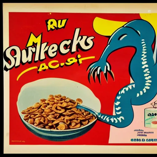 Image similar to an advertisement for a cereal meant to be eaten by snakes circa 1 9 5 0 s, art,