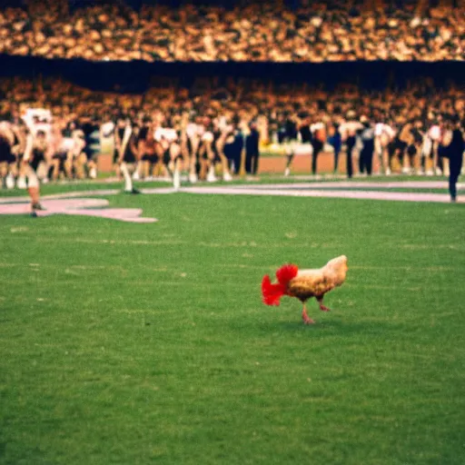 Image similar to the famous funky chicken runs across a football field, interrupting the big game, 3 5 mm