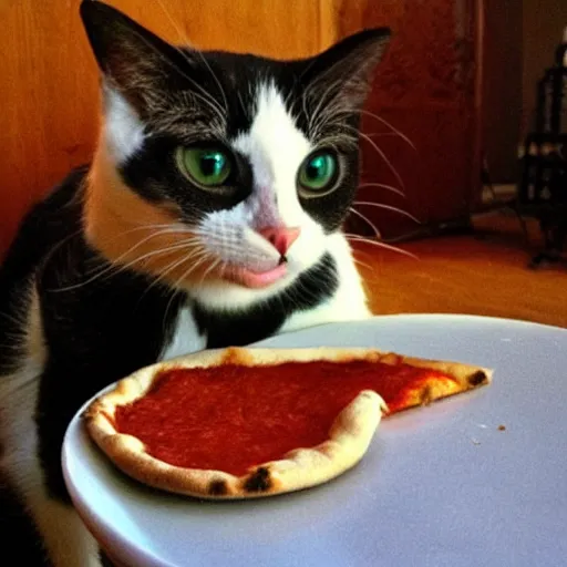 Prompt: a cat named shadow eating pizza
