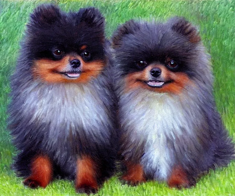 Prompt: black and brown pomeranian, cute, monet, oil painting