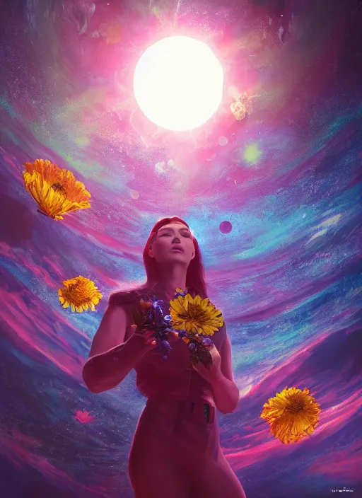 Image similar to An epic fantastic realism comic book style painting of the most beautiful flowers launched into space, bouquets, solar eclipse, fisheye, unreal 5, DAZ, hyperrealistic, octane render, dynamic lighting