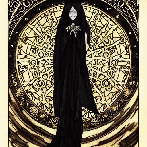 Image similar to a skeleton in a black cloak, highly detailed, very intricate, art nouveau, gold filigree, left right symmetry, tarot concept art watercolor illustration by mandy jurgens and alphonse mucha and alena aenami, featured on artstation